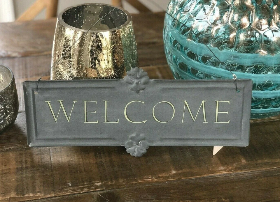 手绘金属欢迎标志 - 老锌洗金属,钢丝衣架 - 全新带标签 — 第 3/4 张图片