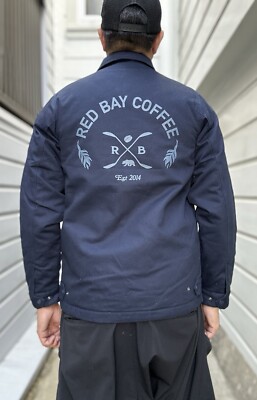 Red Bay Coffee Shirt Jacket Shacket Employee Blue Medium Snap Button Gently Used