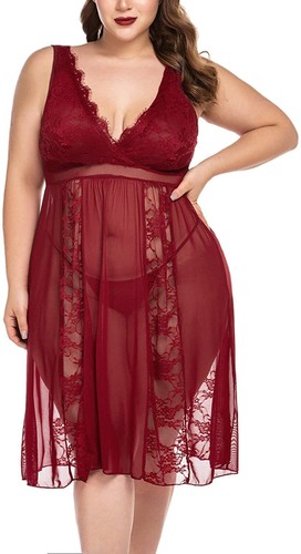 Plus Size Women's Sexy Mesh Lingerie Long Dress Sheer Lace Nightwear Sleepwear - Picture 3 of 27