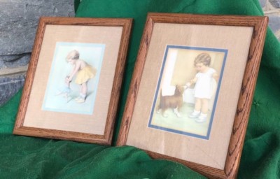 Vintage Bessie Pease Gutmann Prints Oak Wood Frames Double Mat Set of 2  9x11  