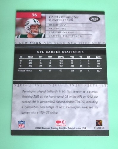 2003 Donruss Elite Football #36 Chad Pennington - New York Jets - Picture 2 of 2