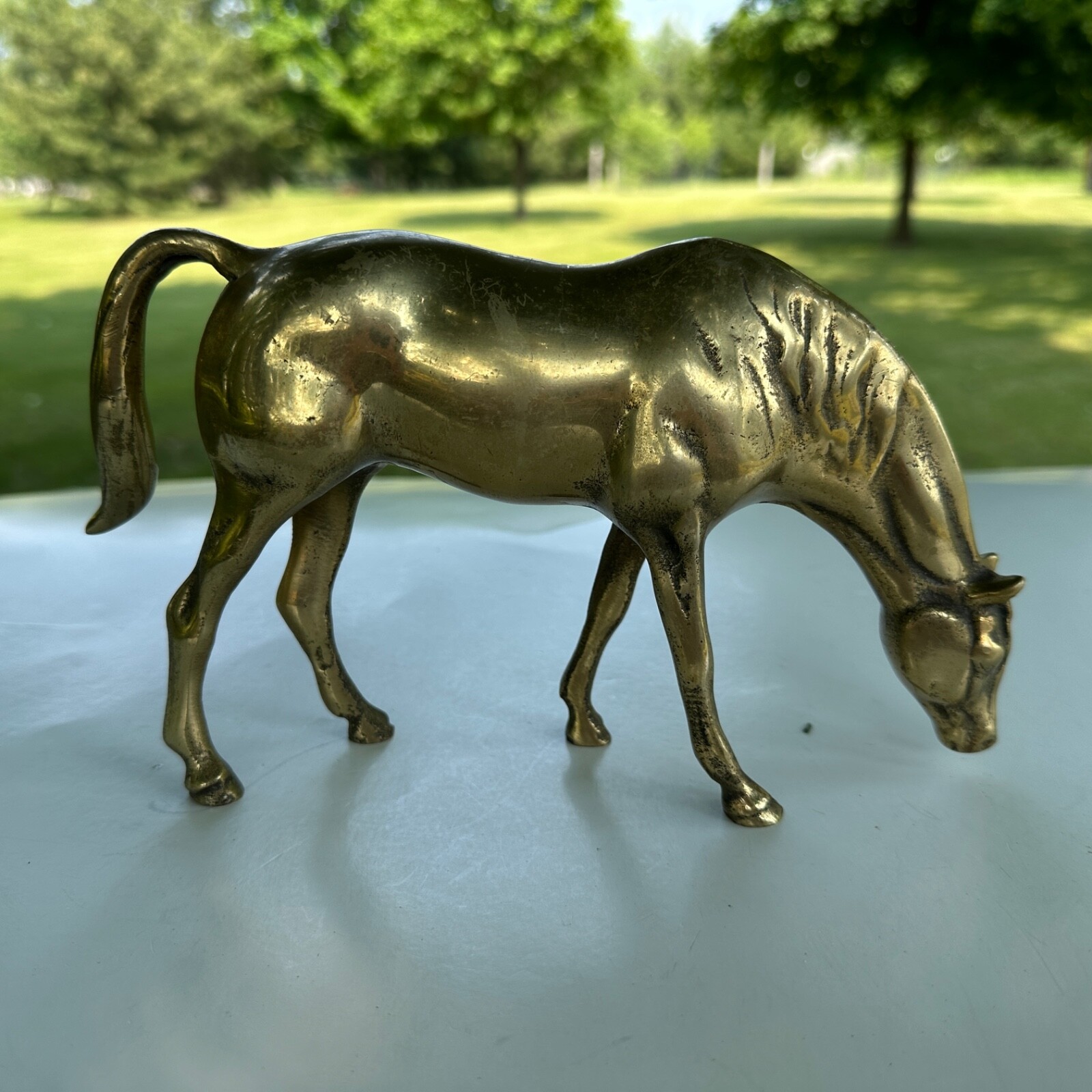 Vintage Solid Brass Enesco Grazing Feeding Horse Statue Figurine 9.5 x 5.25