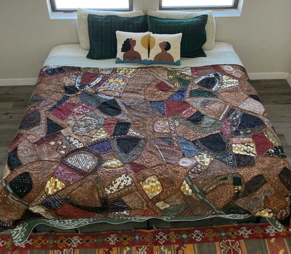 Bronze Sari Patchwork Beaded Bedding Bohemian Wall Hanging Tapestry Bedspread  - Image 2 of 4