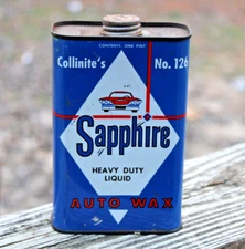 FULL NO LEAKS~ CAR GRAPHIC ~1950s era SAPPHIRE AUTO WAX Old 1 pint Metal Oil Can
