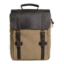 Waxed Canvas and Leather Double Strap Backpack - Khaki