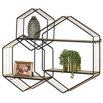Macayle Hexagon Modern Wall Shelf Black 36''W x 6''D x 28''H