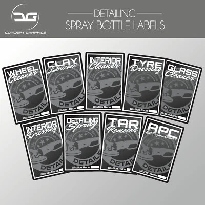 CONCEPT GRAPHICS Kit de calcomanías adhesivas para botellas de spray para detalles de automóviles Valeting limpieza lavado x9