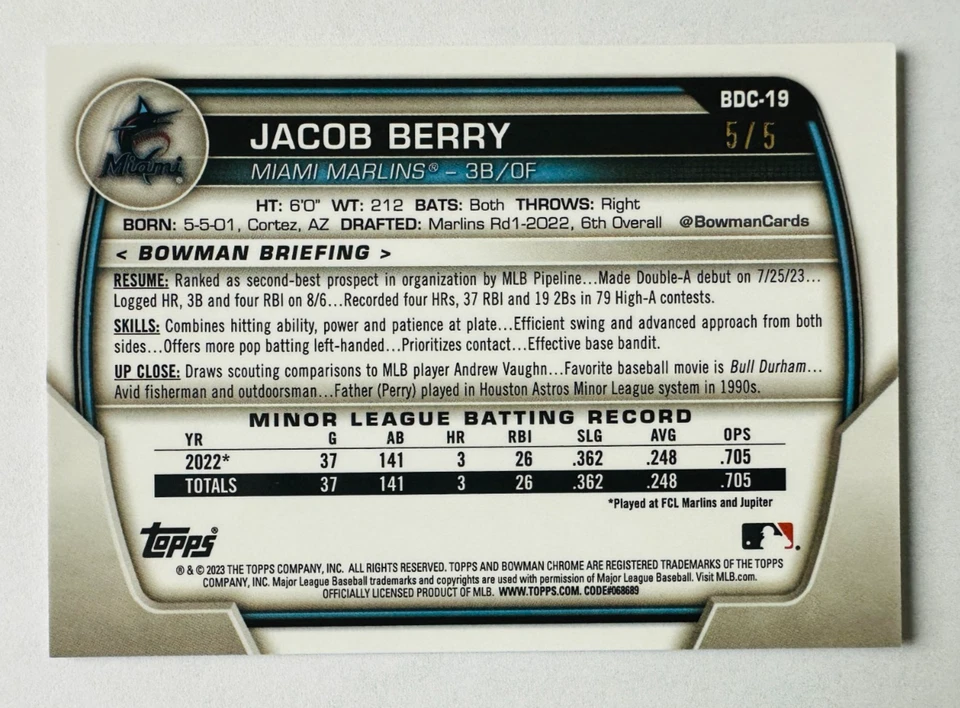 2023 Bowman Chrome Sapphire Jacob Berry RED Refractor Prospect RC #5/5 Marlins! - Image 2 of 3