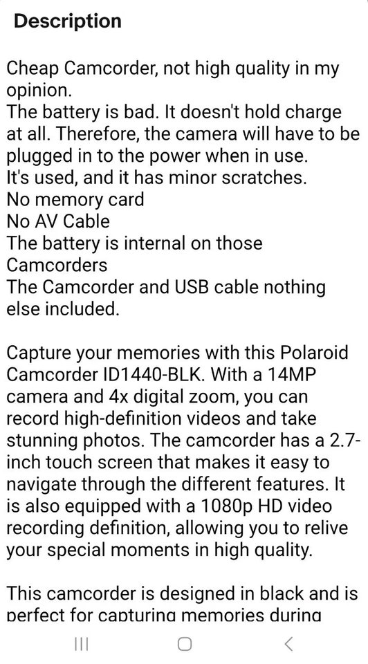 Polaroid Camcorder ID1440-BLK 14MP/4x Digital Zoom HD 1080p w/2.7" Touchscreen  - Image 2 of 4