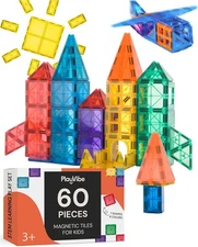 PLAYVIBE Magnetic Tiles 60 Pcs - 3D Magnet Toys for Kids 3+ - 60 Piece Set 