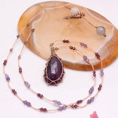 Handmade Natural Ruby Gemstone Beaded Macrame Healing Crystal Reiki Necklace