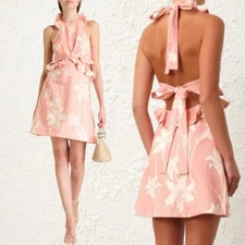 Zimmermann Acadian Mini Dress Size 1 AU10/US6 Pink Floral Print Linen Cut Out