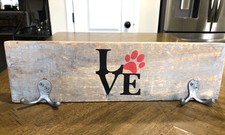 Wall-Mounted Dog Leash  Key Holder LOVE Paw Rustic Wood Metal Hooks Home Decor
