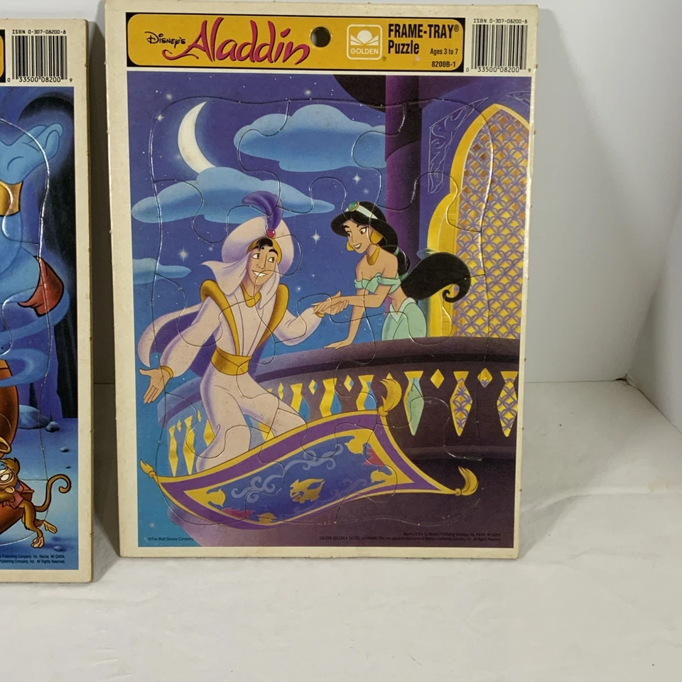 Quebra-cabeça de tabuleiro vintage Disney's Aladdin Genie Abu e Jasmim moldura dourada raro - Imagem 3 de 4