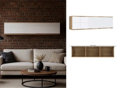 Wall Mounted Cabinet Living Room Storage Unit 135cm White Gloss Oak Effect Zele