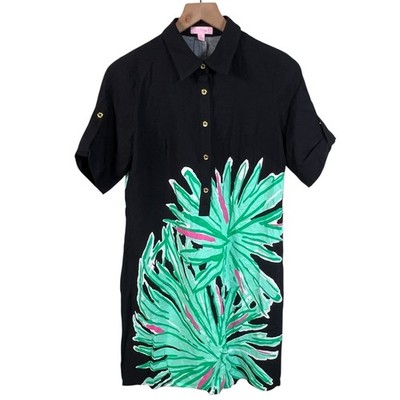 Lilly Pulitzer Womens 4 Black Elexa Palm Dress Short Sleeve Collared