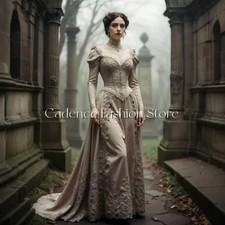 18th Century Victorian Prom Dresses V-Neck Long Sleeves Lace Beaded Evening Gown