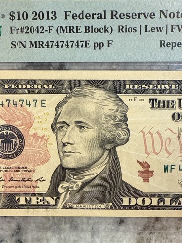 Super Repeater Fancy Serial Number 47474747 2013 $10 FRN Atlanta PMG64EPQ - Picture 3 of 9