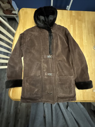 Moda International Coat Women Brown Suede Leather Faux Fur Hood Jacket Sz S B109 - Picture 1 of 10