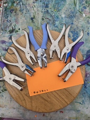 Lot of 6 Fiskars Hand Punch Soft Grip Circle Dot Slot Rectangle and Heart