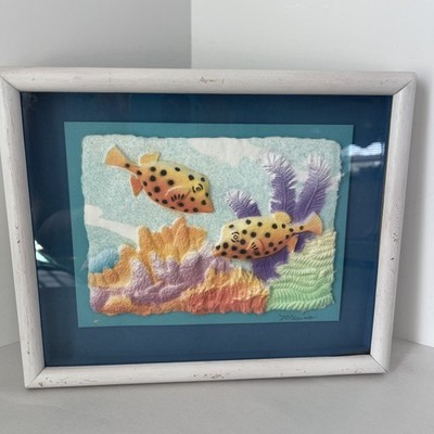 Figi Graphics Hand Cast Paper Tropical Fish & Coral Signed Marino Framed Vintage