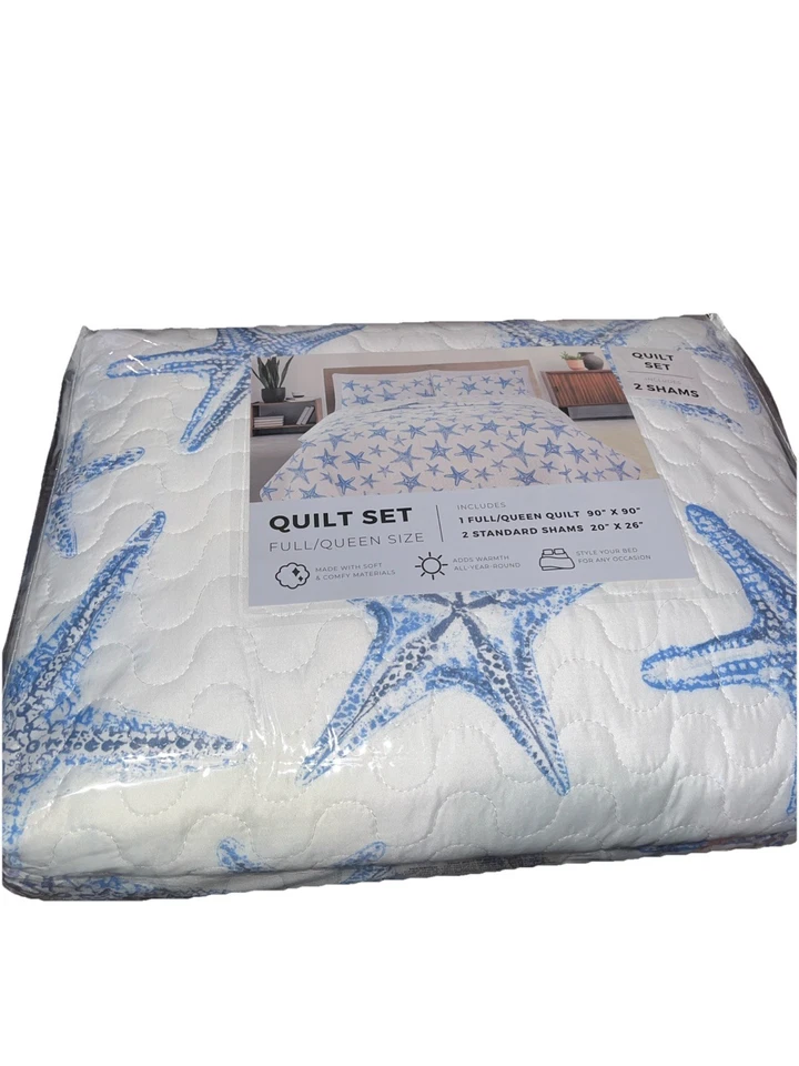 NUEVO Juego completo de edredón costero náutico Great Bay Home Trinidad Blue Seashell Foto 3 de 3