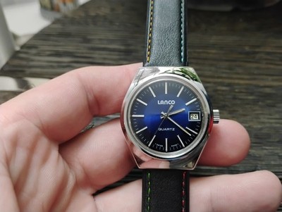 Vintage Mens Quartz Wrist Watch Step Motor 2030 Lanco Tissot Blue Dial