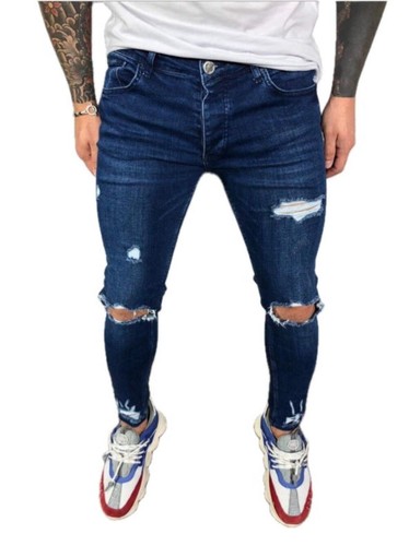 Men's Ripped Jeans Trendy Denim Pants with Elastic Feet Hot New Design Travel Je - Picture 4 of 17