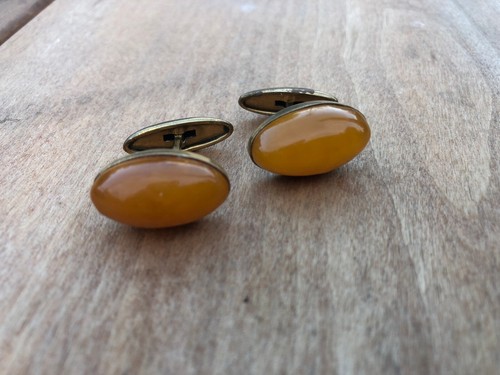Vintage Scrumptious Thick Baltic Amber Gold Plated Cufflinks Original Box USSR - Picture 9 of 13