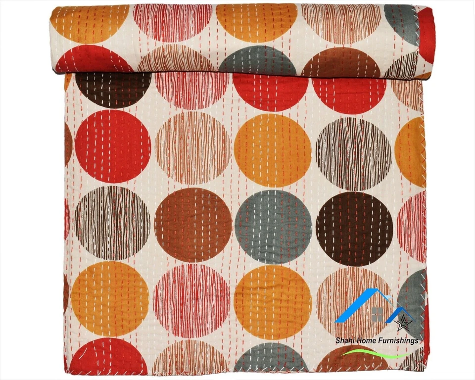 Cotton Coverlet Indian Bedspread King Size Kantha Quilt Polka Dot Print Gudari - Image 2 of 4