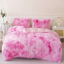 Plush Shaggy Bedding Set for Twin 1 Duvet Cover  2 Pillowcases Tie Dye Pink