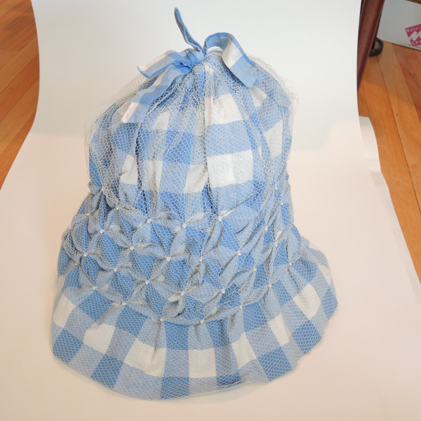 Vintage Blue Gingham Smocked Bucket Sun Hat Tulle… - image 7