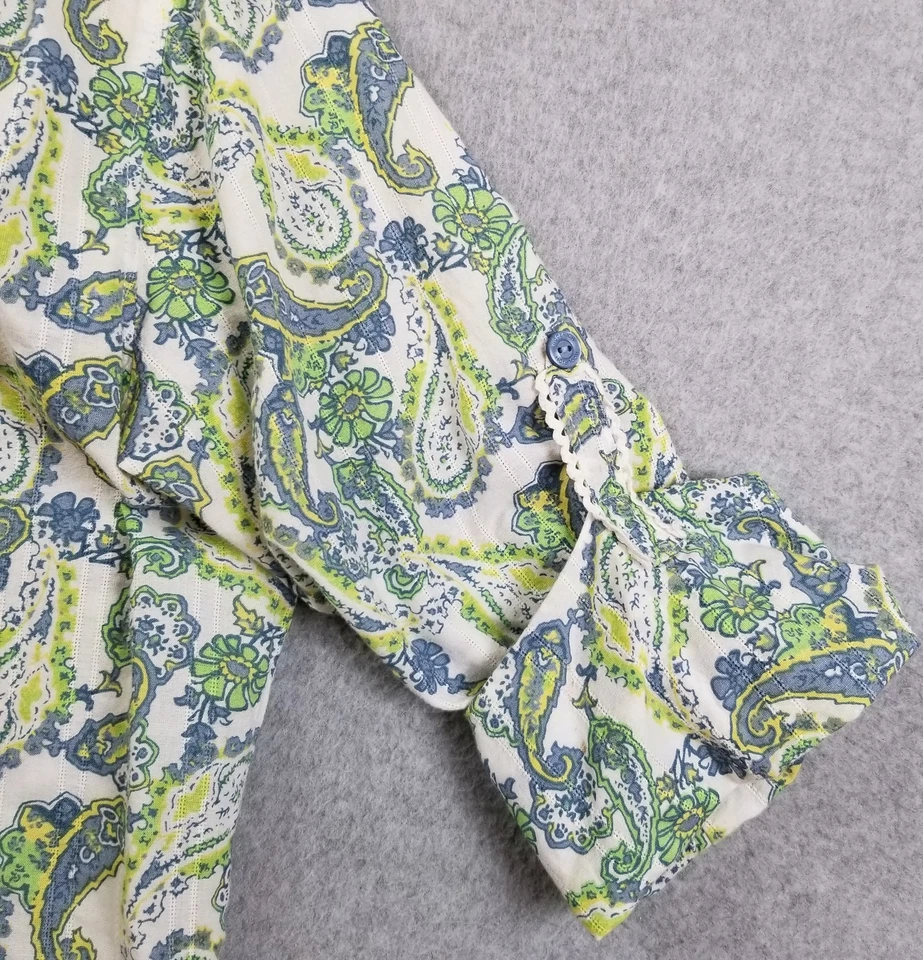 Camisa con botones Woolrich para mujer mediana azul verde floral cachemira manga 3/4 algodón Foto 4 de 4