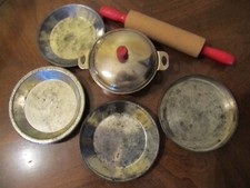 Vintage Aluminum Child  s Toy Pots Pans ,  Wood Rolling Pin