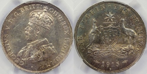 Australia 1915 H Florin Coin PCGS MS 63 Scarce Year High Grade Nice Toning - Picture 2 of 2