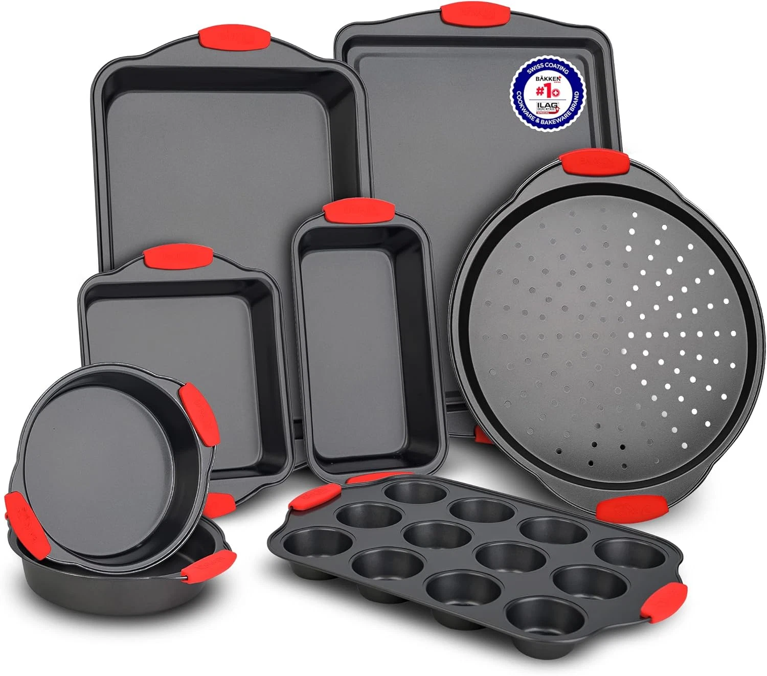 Deluxe 8-Piece Non-Stick Baking Set with Red Silicone Handles by Bakken