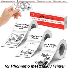 3-Roll 50x80mm Label Adhesive Tag Sticker Paper for Phomemo M110/M200 Printer