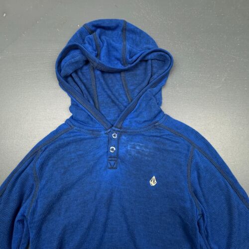 Volcom Boys Hooded Henley Shirt Size 5 Blue Long Sleeve Waffle Knit Sweatshirt - Picture 2 of 10