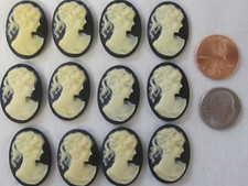 12 Vintage Cameos 25mm x18mm BACK Cream Ponytail Girls Resin Raised Unset NOS