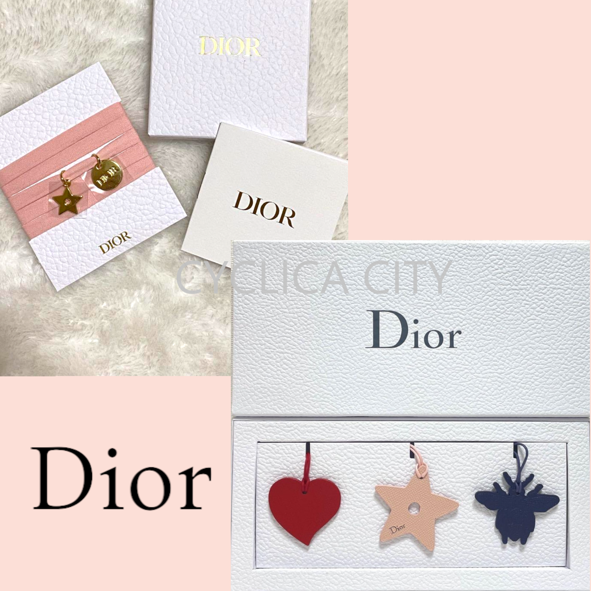 Christian Dior 3pcs Leather Bag Charms & Pink Bracelet Choker Key