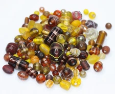 Lot of 100+ Glass Lampwork & Venetian Beads Variety in Brown Yellow Gold 5.3 oz