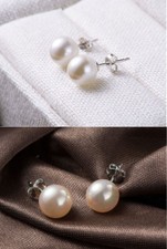  925 Sterling Silver Stud Like Cultured Freshwater Pearl Earrings Wed Bridal-8MM