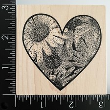 Outlines Daisy Flower Heart Wood Mounted Rubber Stamp