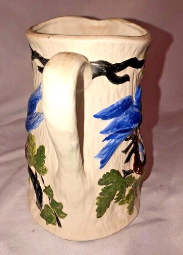 Vintage Majolica Blue Birds on a Tree Bark 3D Texture Ceramic Pitcher 5 1/2" - Picture 2 of 6