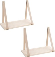 Leather Strap Wood Floating Wall Shelves Of Pine Wood Set of 2 – New