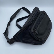 Vtg 90s Black Genuine Leather Fanny Pack Waist Bag Travel Hip Pack Multi Pocket