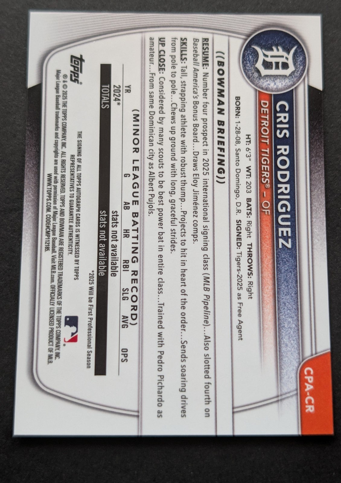 2025 Bowman Chrome Cris Rodriguez Auto  1st Prospect #CPA-CR Tigers view 2