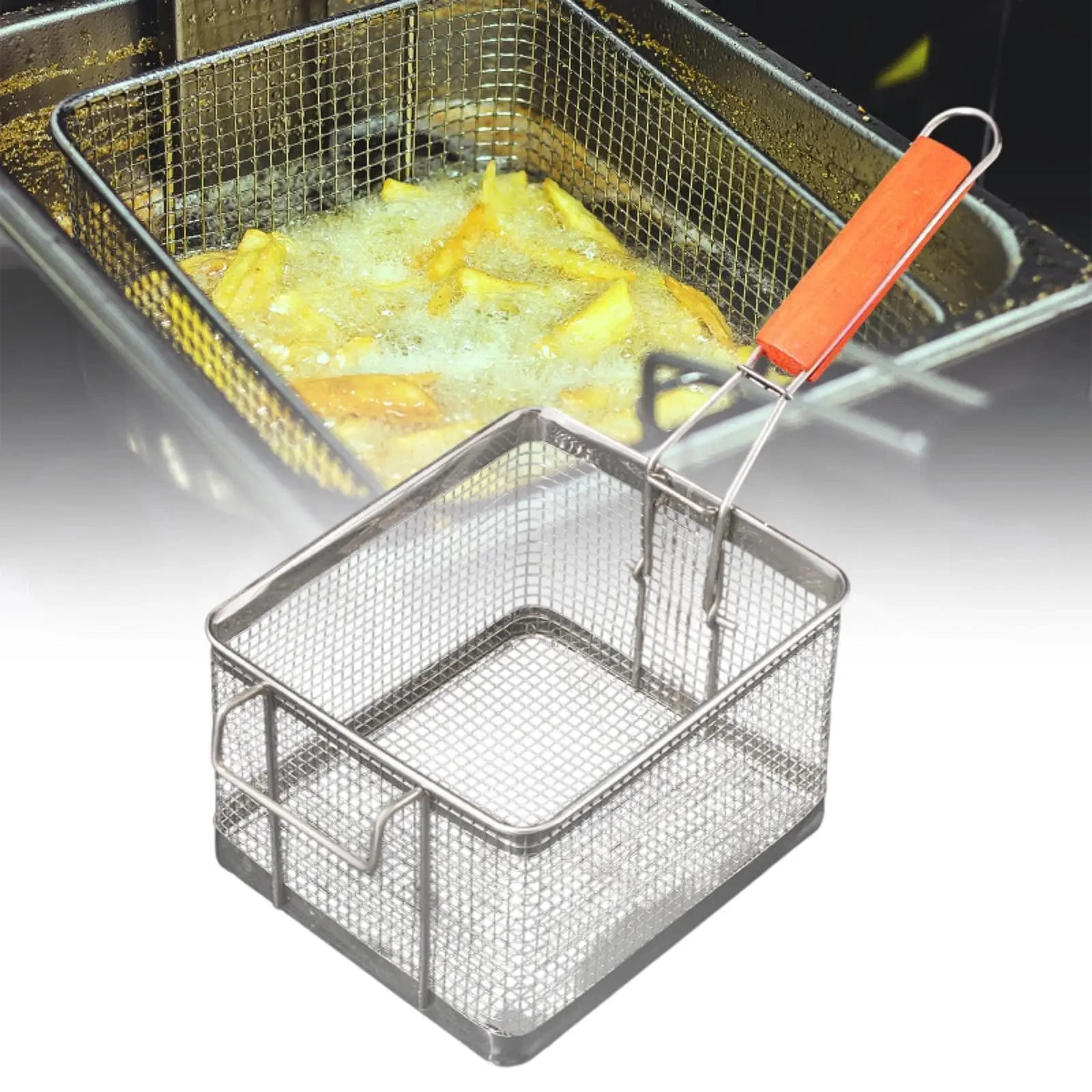 Deep Fry Basket Frying Strainer Wooden Handle French Frying Strainer Basket