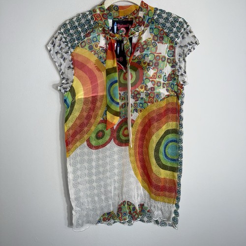 Desigual transparentes Kurzarm Oberteil - Bindeband - mehrfarbig - Retro 90er Y2K - Gr. XS - Bild 1 von 7