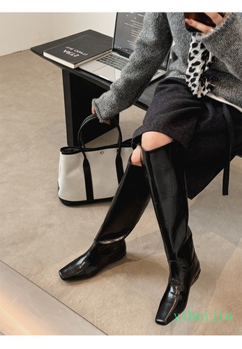 2025 Fashion Women's Knee High Square Toe Boots Alligator Pattern Shoes Low Heel - Picture 7 of 23